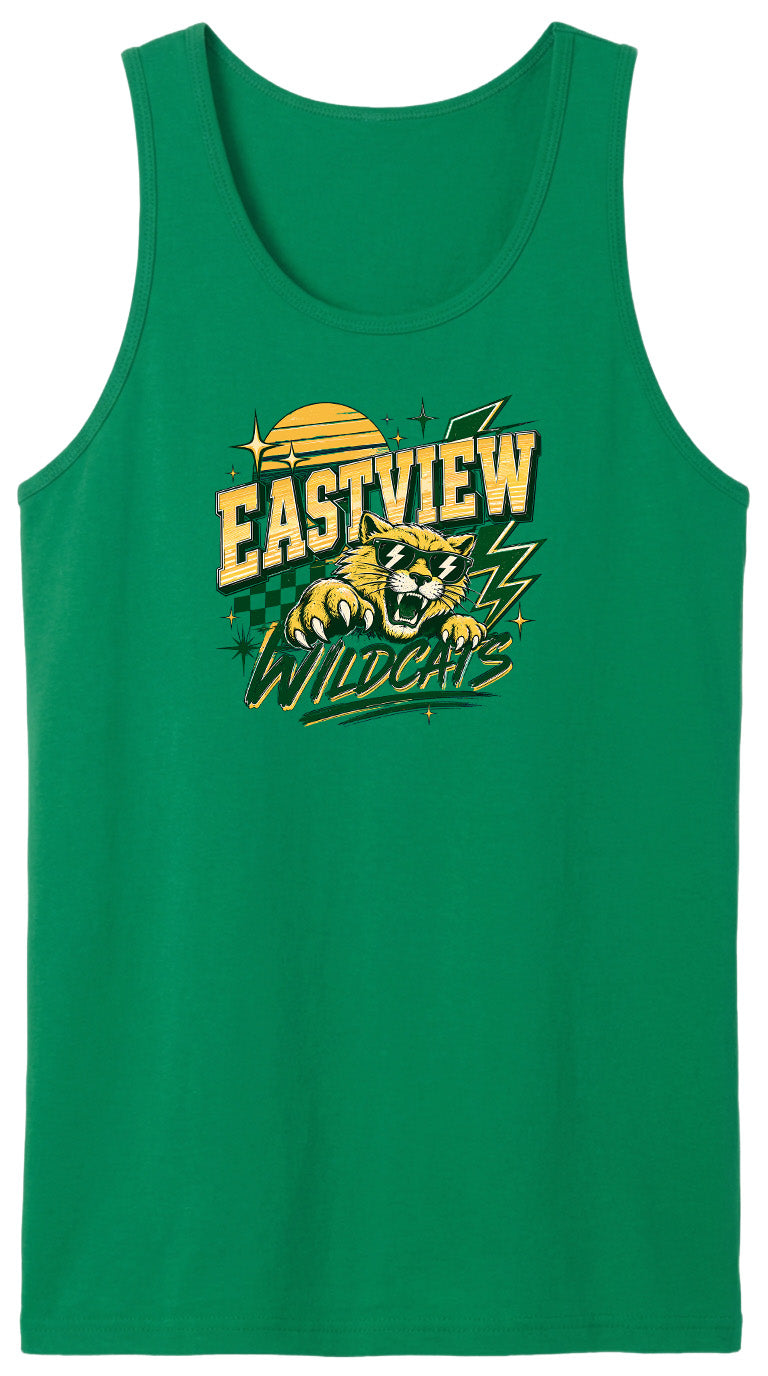 A green tank top with a graphic design featuring a cat and the text "EASTVIEW WILDCATS" printed on it.