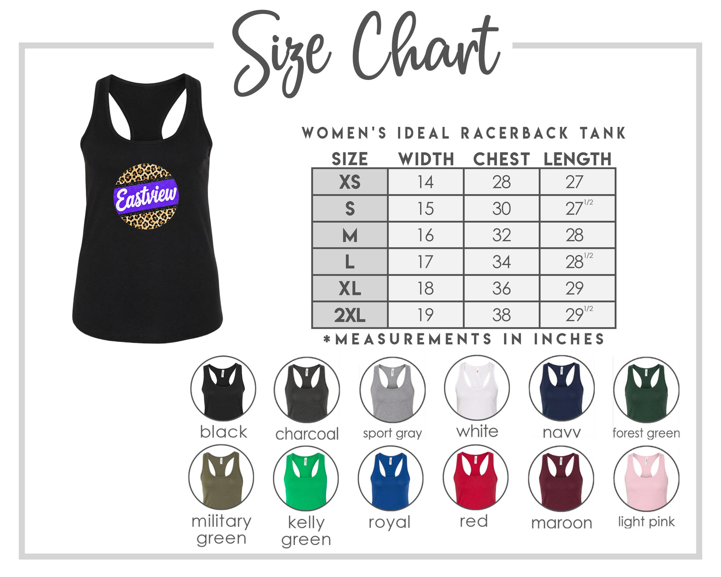 The image is a size chart for a women's ideal racerback tank, including various color options and corresponding chest measurements.