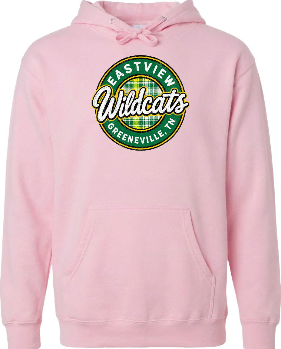 A pink hoodie with a logo that says "Eastview Wildcats Greeneville TN".