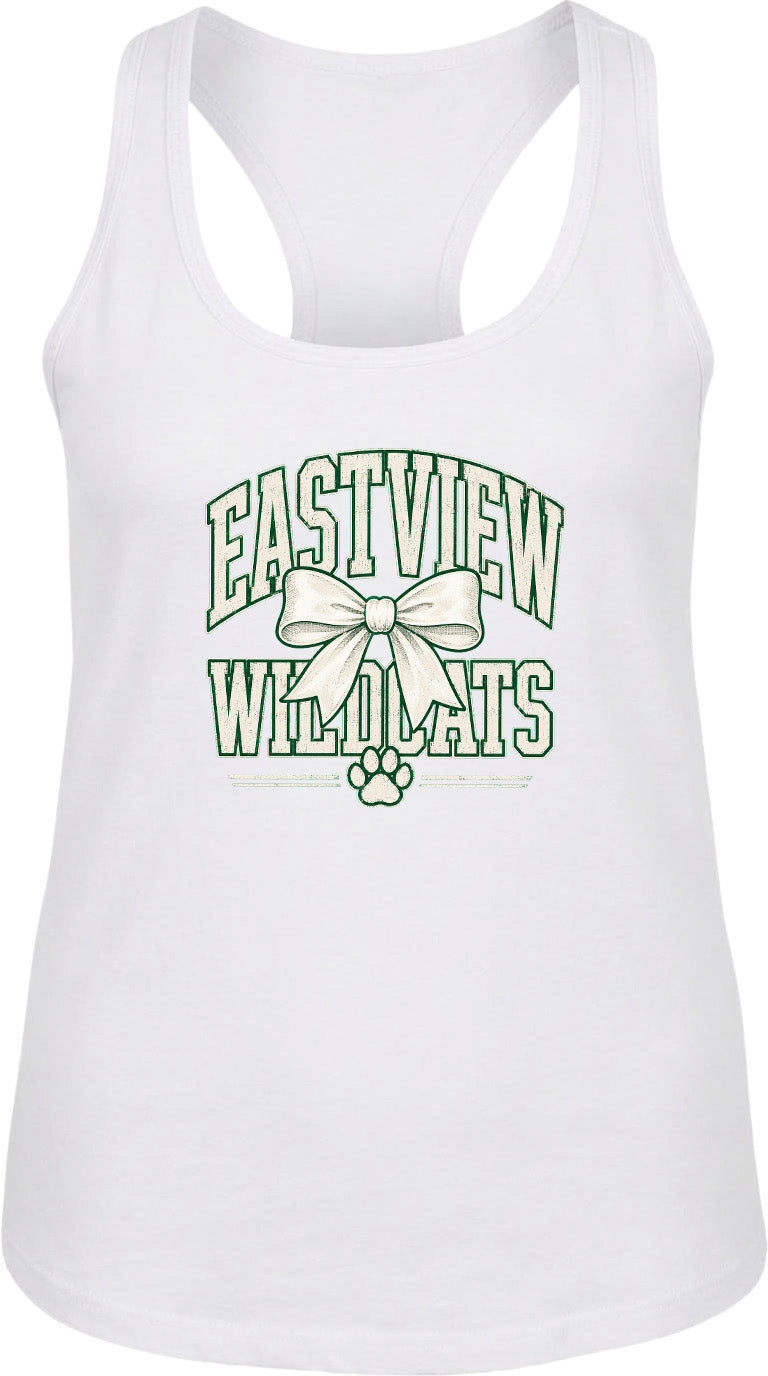 A white tank top with a graphic design featuring the text "EASTVIEW WILDCATS" and a bow.