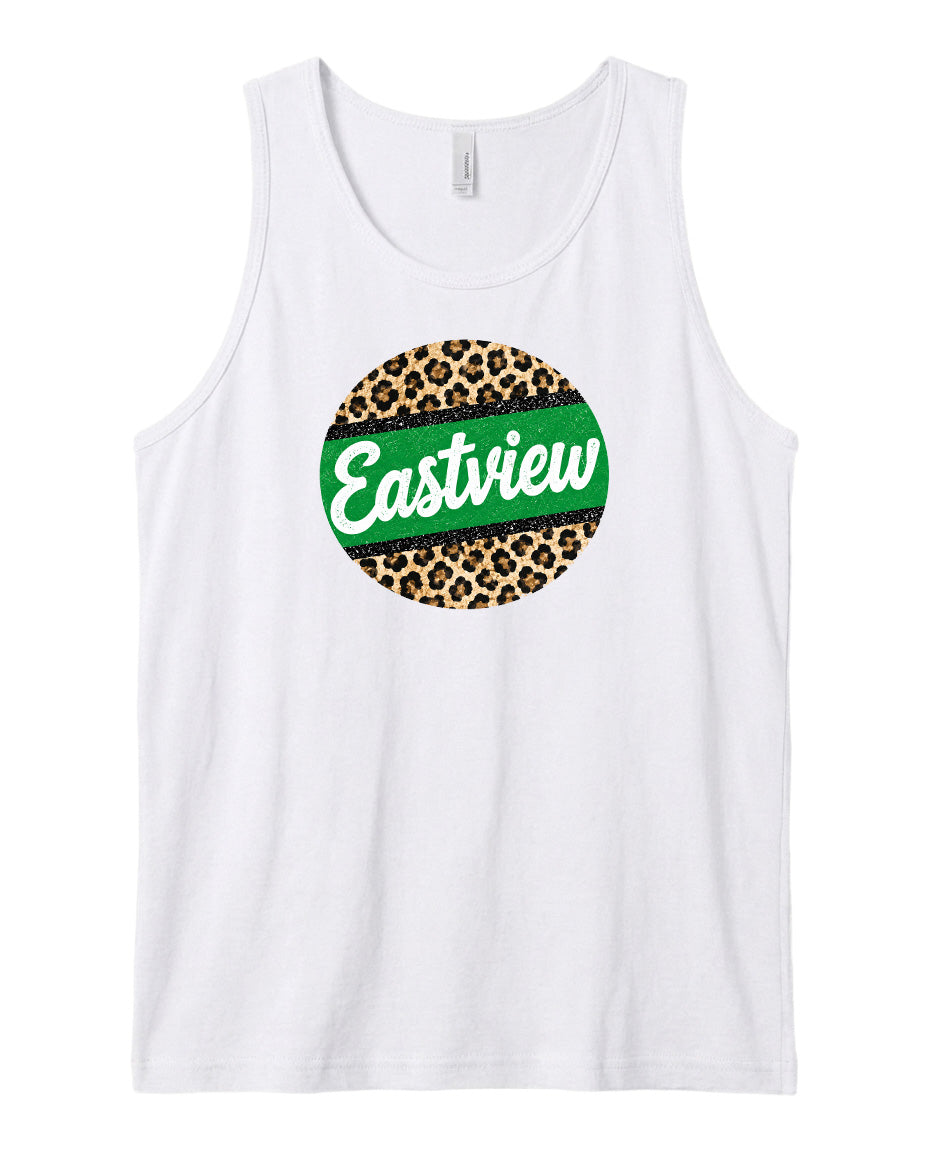 A white tank top with a circular design featuring a leopard print pattern and the word "Eastview" written in green text.