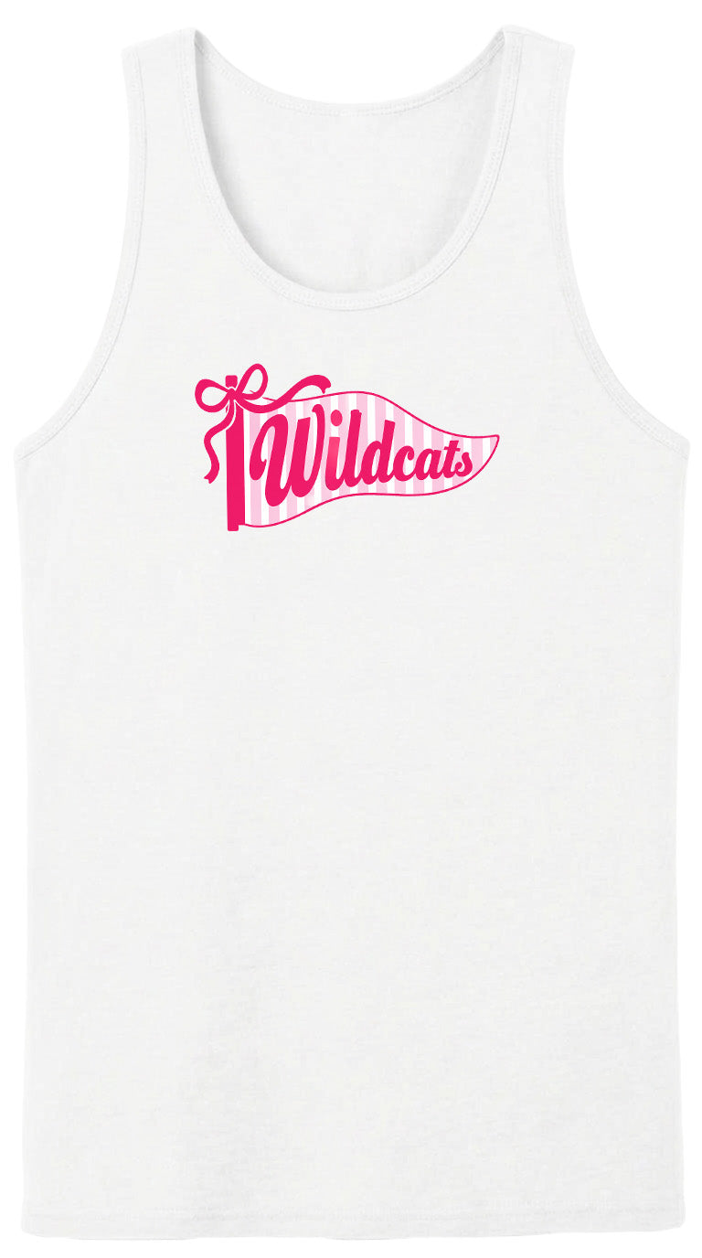 A white tank top with a pink graphic design featuring the word "Wildcats" in a stylized font.