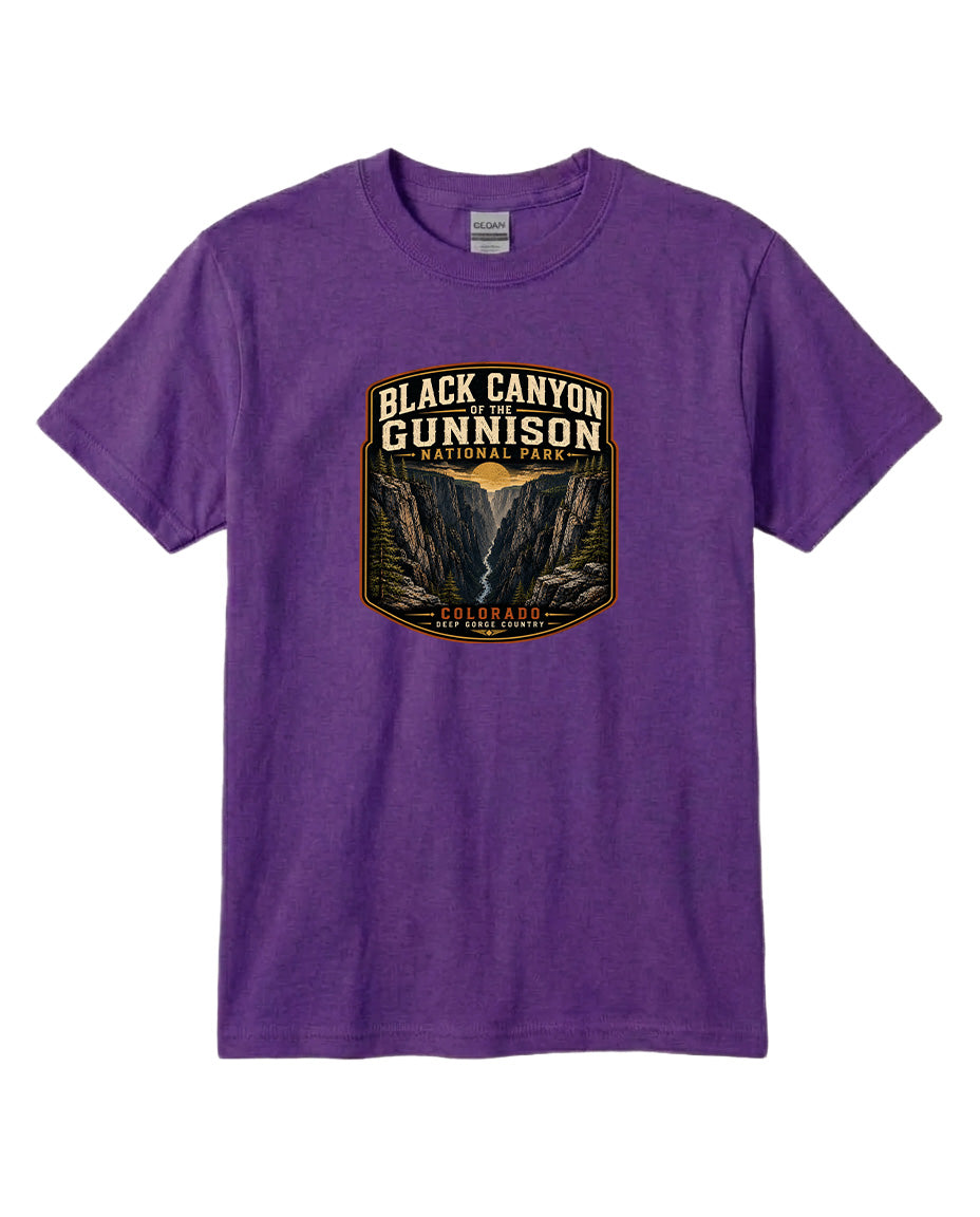 A purple t-shirt with a graphic design depicting the Black Canyon of the Gunnison National Park.
