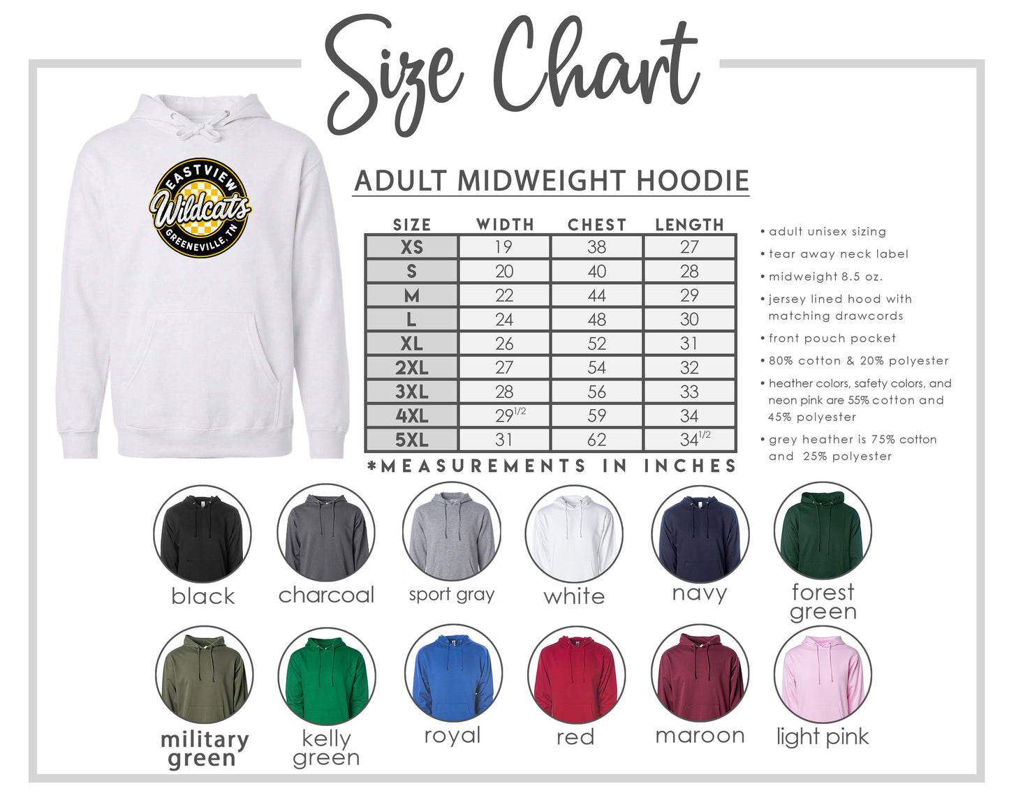The image is a size chart for an adult midweight hoodie, including various color options and corresponding measurements in inches.