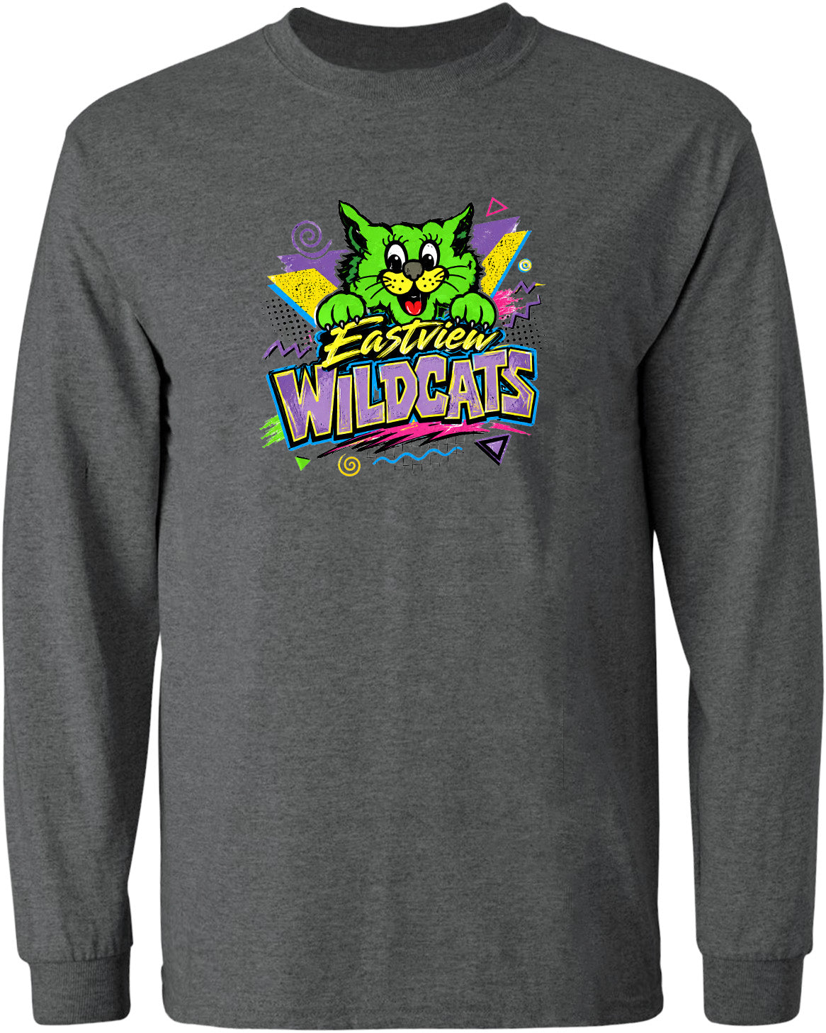A gray long-sleeved t-shirt with a colorful graphic design featuring a cartoon cat and the text "Eastview Wildcats".