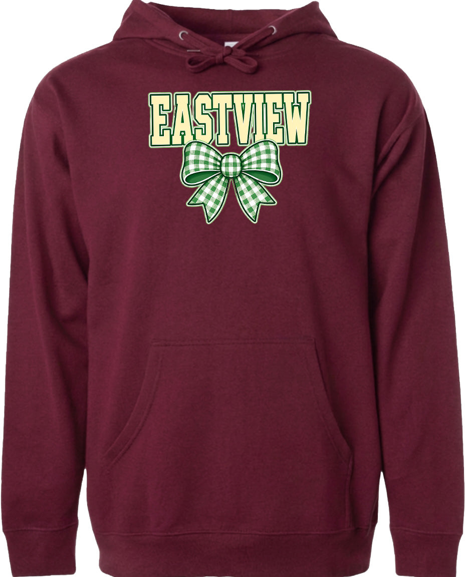 A burgundy-colored hoodie with a green and white bow on the front.
