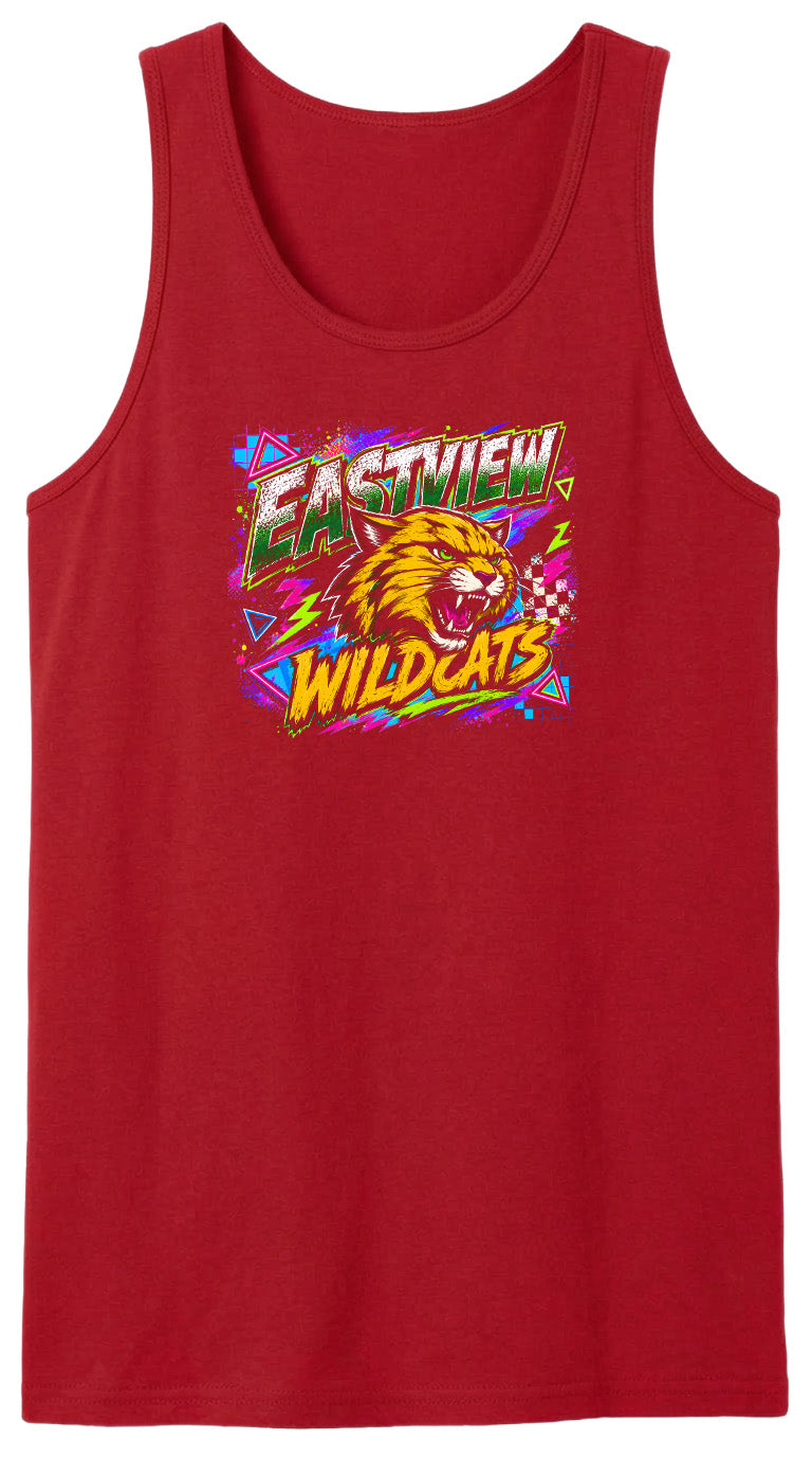 A red tank top with a graphic design featuring a cartoon-like wildcat's head and the text "EASTVIEW WILDCATS" in a colorful, stylized font.