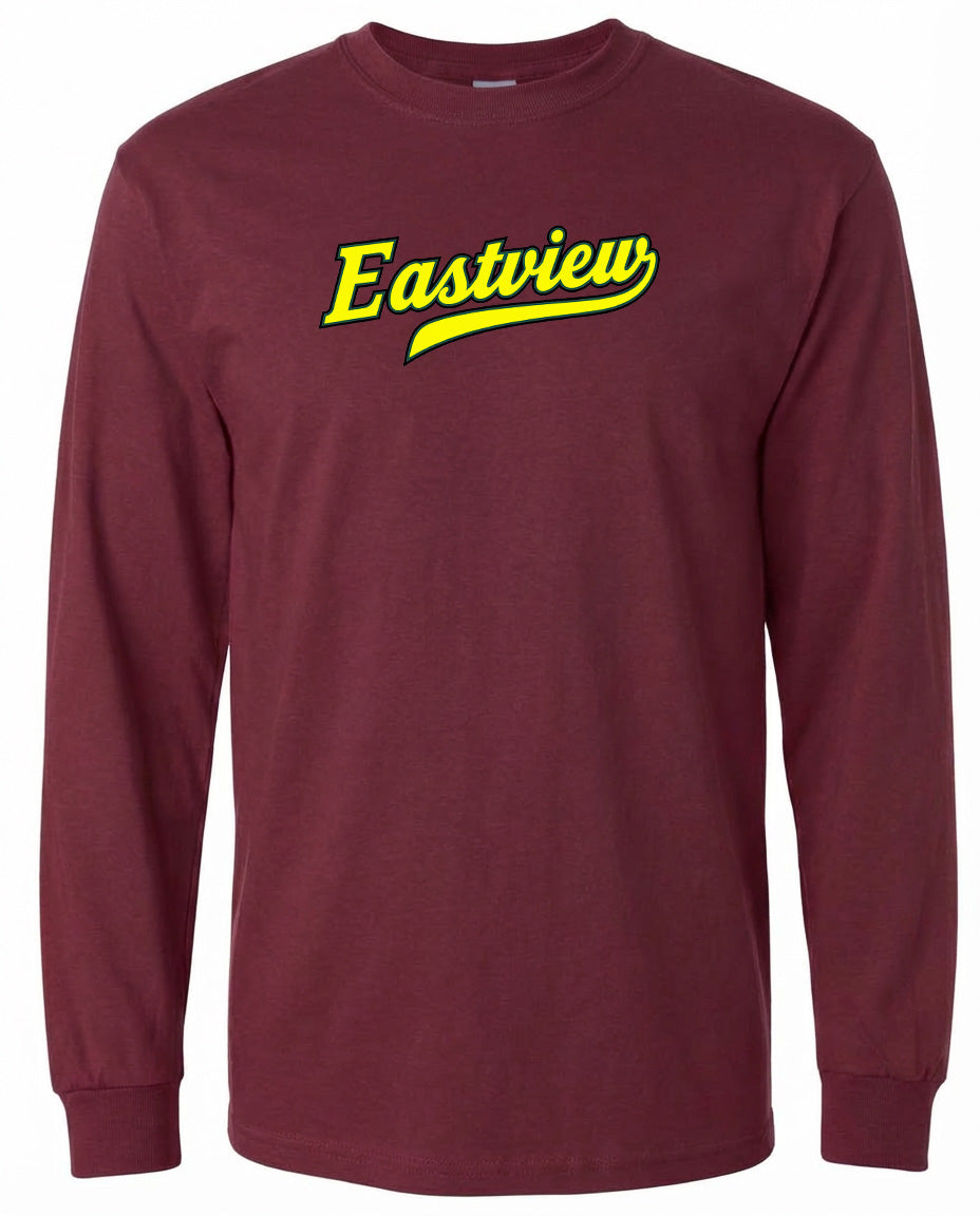 A burgundy long-sleeved t-shirt with the text "Eastview" printed in yellow on the front.