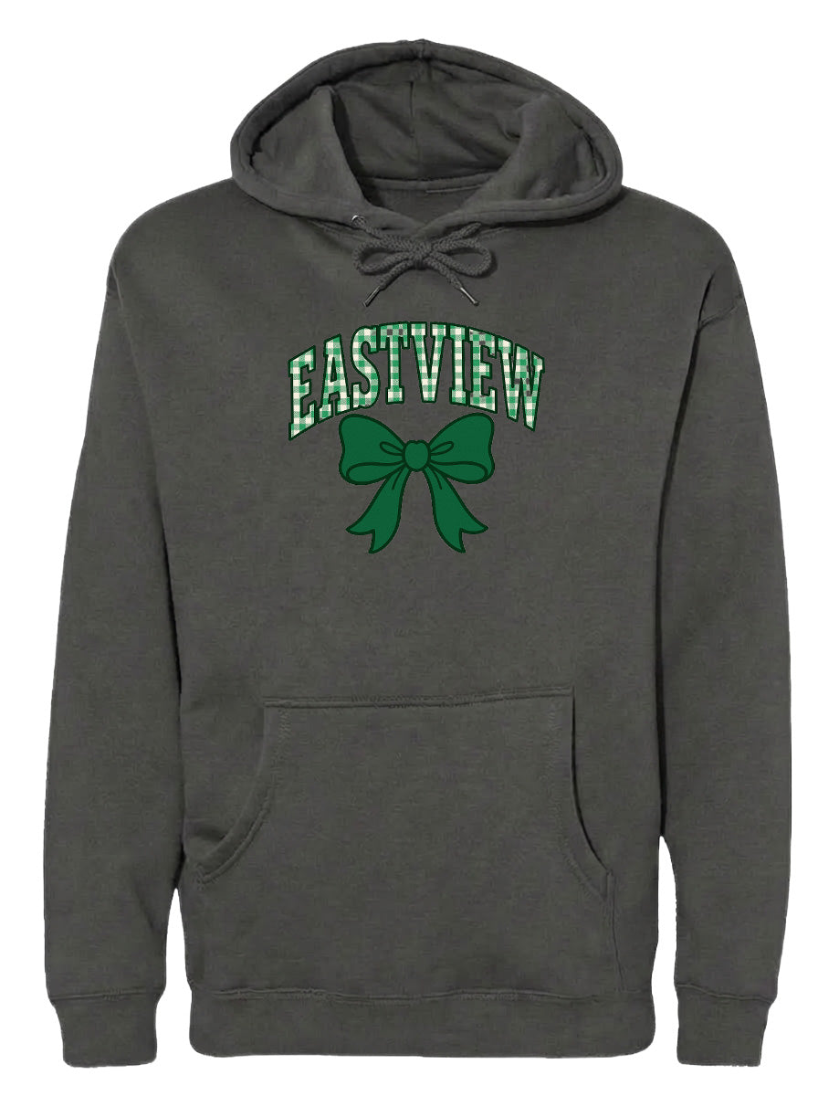 A gray hoodie with a green bow and the word "EASTVIEW" printed on it.
