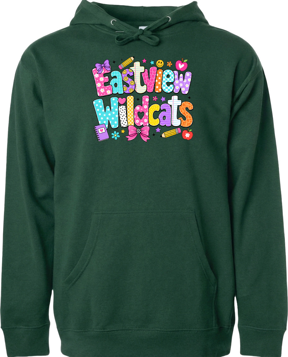 A green hoodie with a colorful graphic design featuring the text "Eastview Wildcats" and various school-related icons such as pencils, books, and hearts.