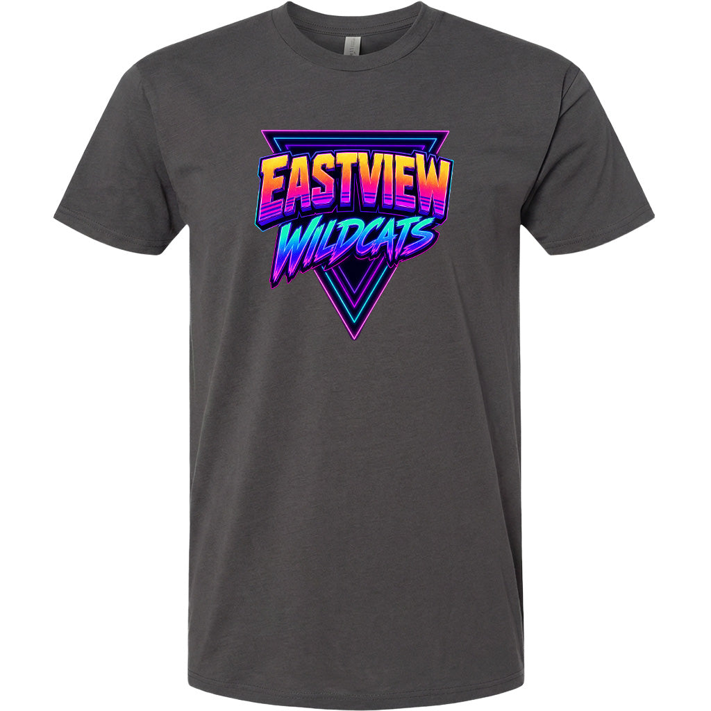 A gray t-shirt with a graphic design featuring the text "EASTVIEW WILDCATS" in a stylized font.