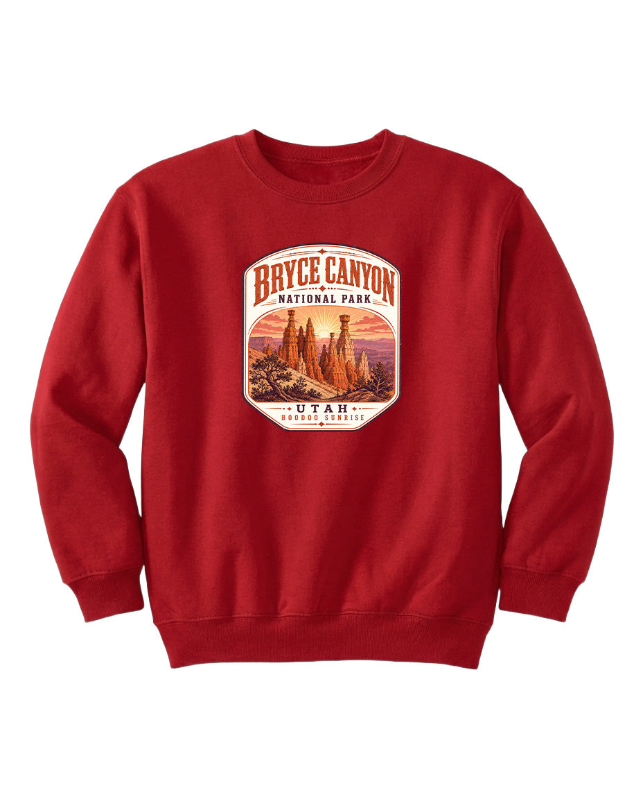 A red sweatshirt with a graphic design depicting Bryce Canyon National Park and Utah.