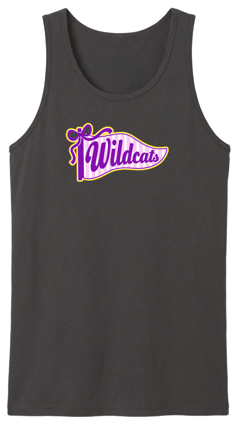 A black tank top with a purple and yellow graphic design featuring the text "Wildcats" on it.