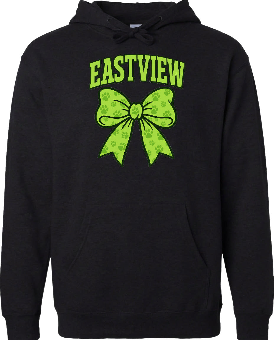 A black hoodie with a green bow and paw print design.