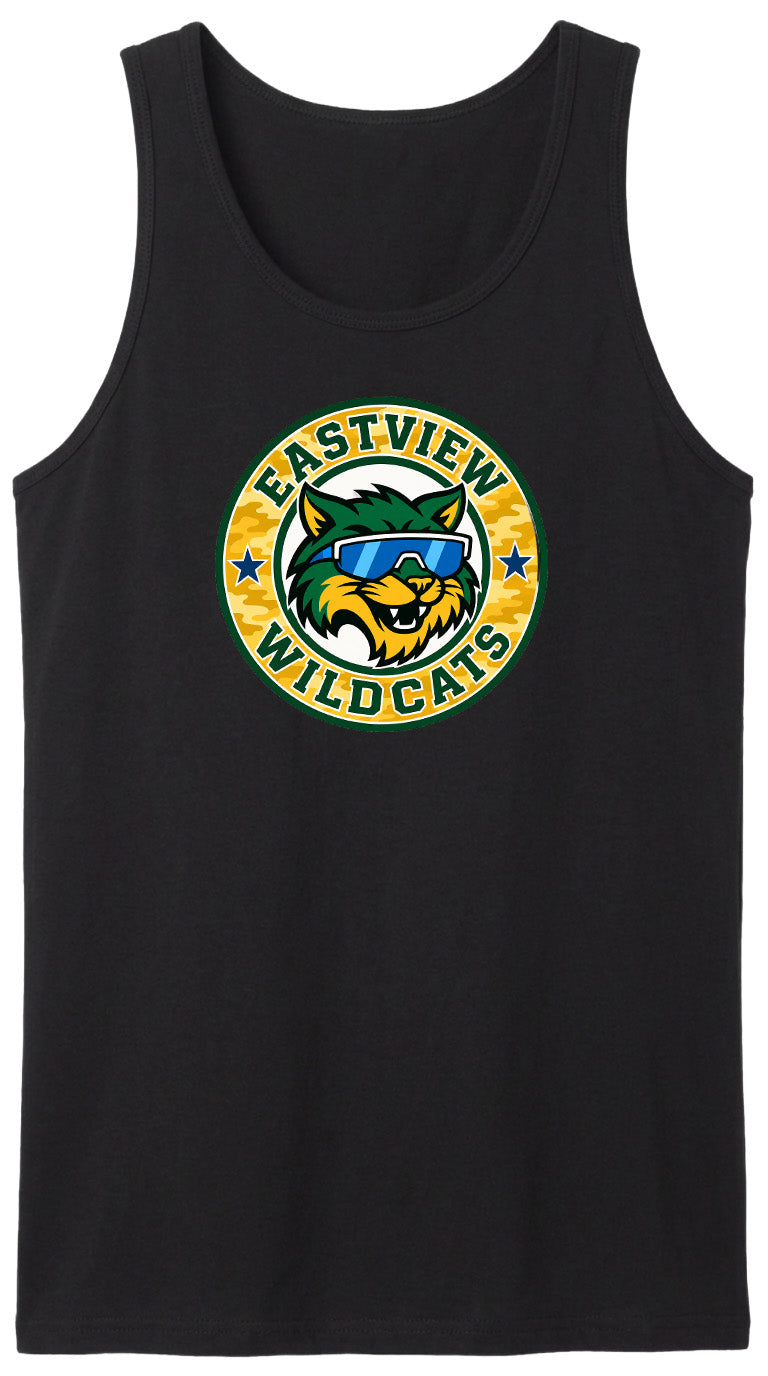 A black tank top with a graphic design featuring a cartoon cat wearing sunglasses and the text "EASTVIEW WILDCATS" around it.