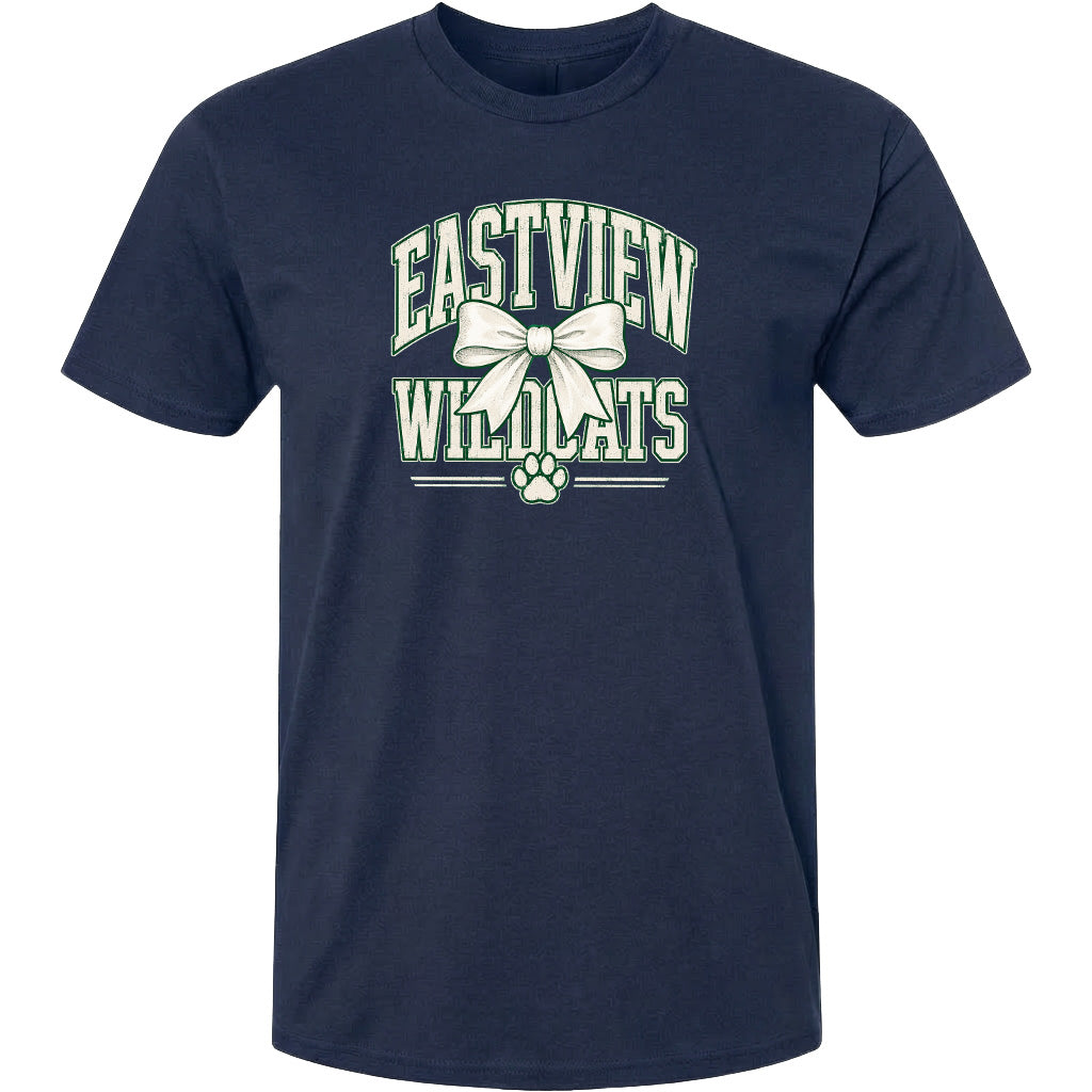 A navy blue t-shirt with a graphic design featuring the text "EASTVIEW WILDLIFE" and a bow, along with a paw print.