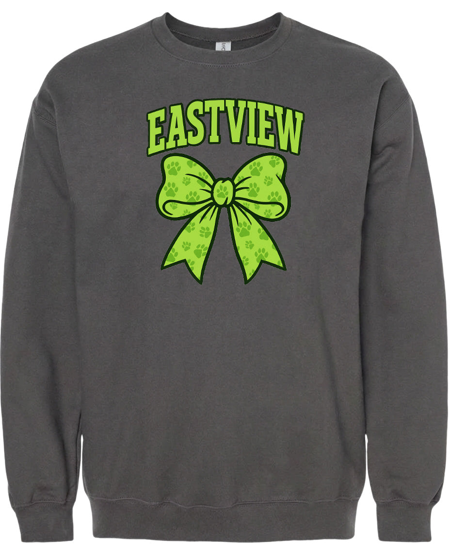 A gray sweatshirt with a large green bow and paw prints on it.