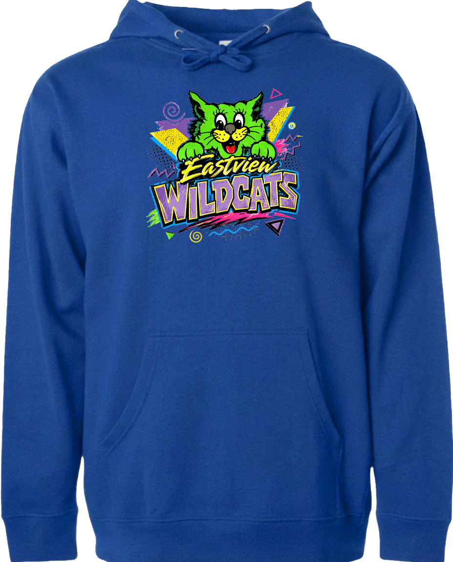 A blue hoodie with a graphic design featuring a cartoon cat and the text "EASTVIEW WILDCATS".