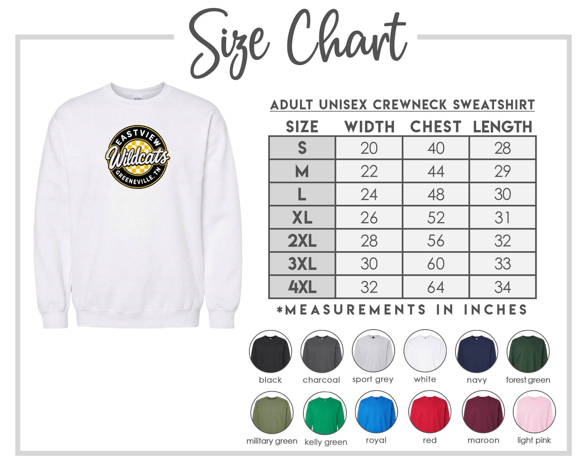 The image is a size chart for an adult unisex crewneck sweatshirt. It includes a white sweatshirt with a logo and a table with size measurements and corresponding shirt colors.