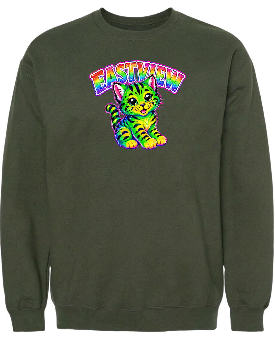 A green sweatshirt with a colorful graphic of a cat and the word "EASTVIEW" printed on it.