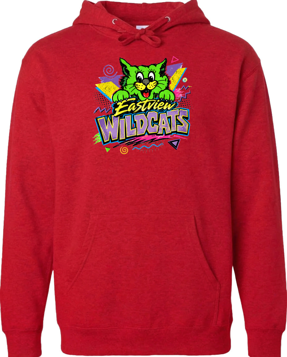 A red hoodie with a graphic design featuring a cartoon cat and the text "EASTVIEW WILDCATS".