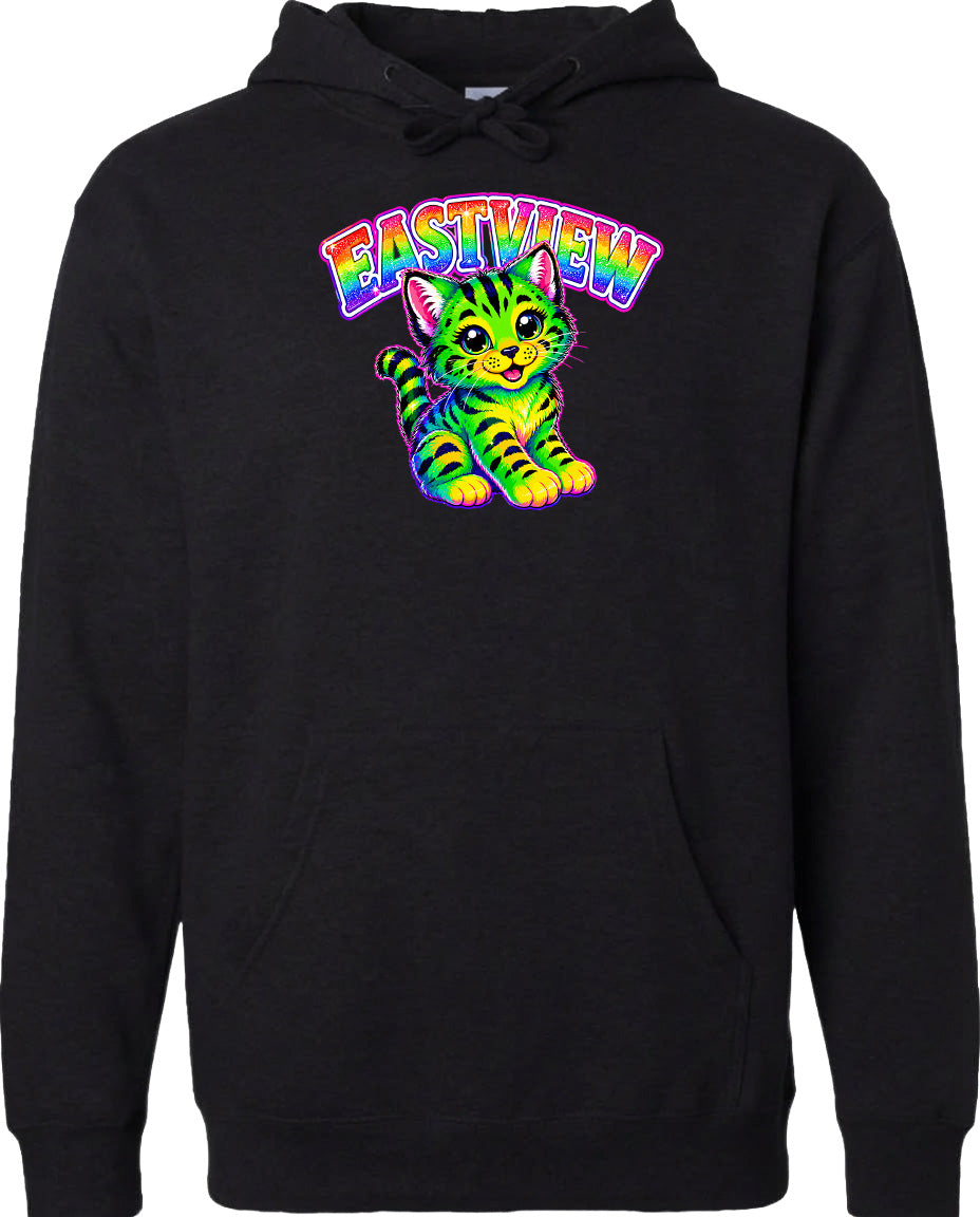 A black hoodie with a colorful graphic of a cat and the text "EASTVIEW" printed on it.