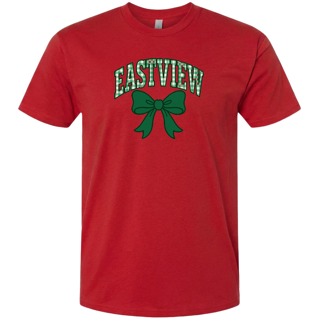 A red t-shirt with a green bow and the word "EASTVIEW" printed on it.