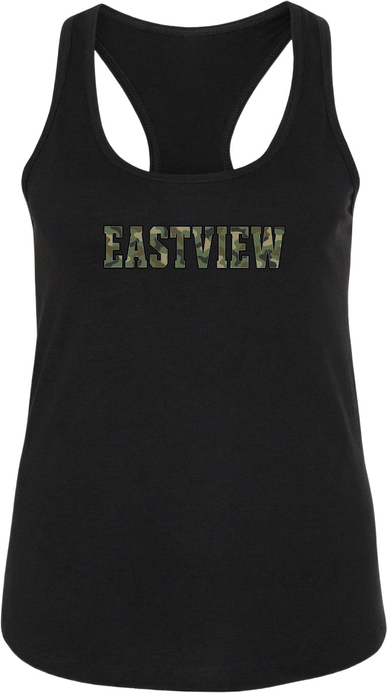 A black tank top with the word "EASTVIEW" printed on it in a camouflage pattern.