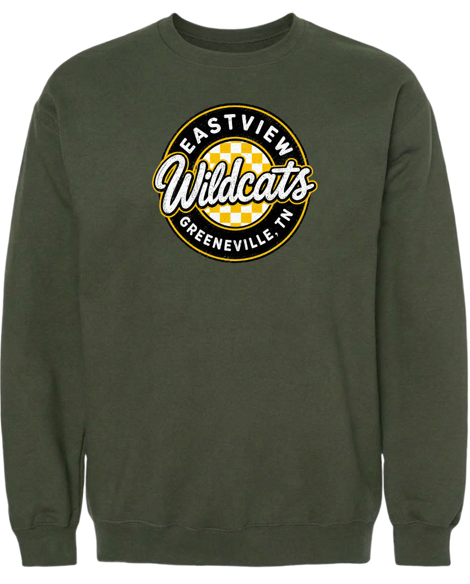 A dark green sweatshirt with a circular logo on the front.
