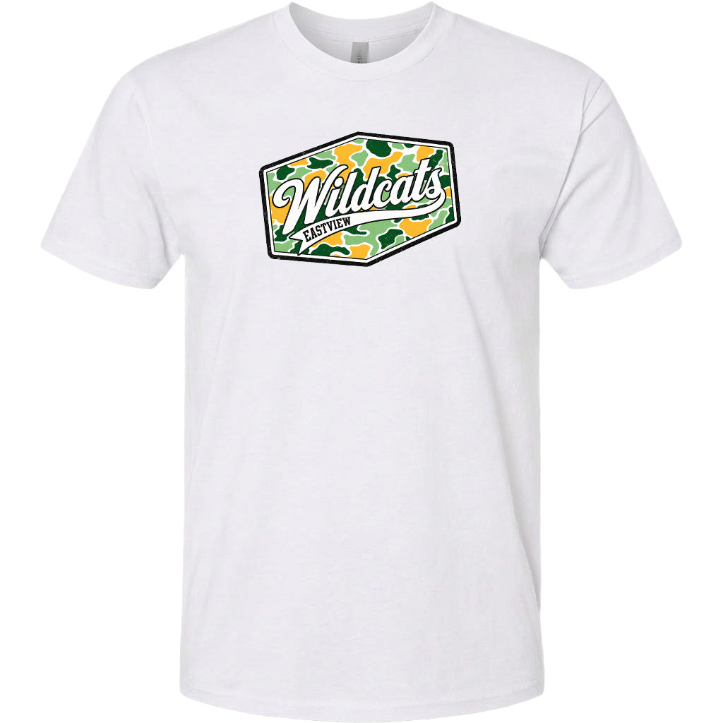 A white t-shirt with a graphic design featuring the word "Wildcats" in a stylized font, surrounded by a camouflage pattern.