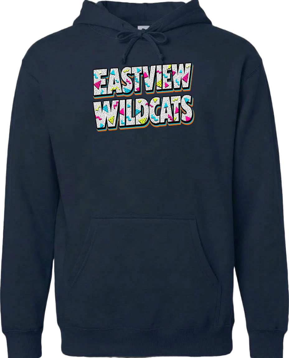 A navy blue hoodie with the text "EASTVIEW WILDCATS" printed on it.