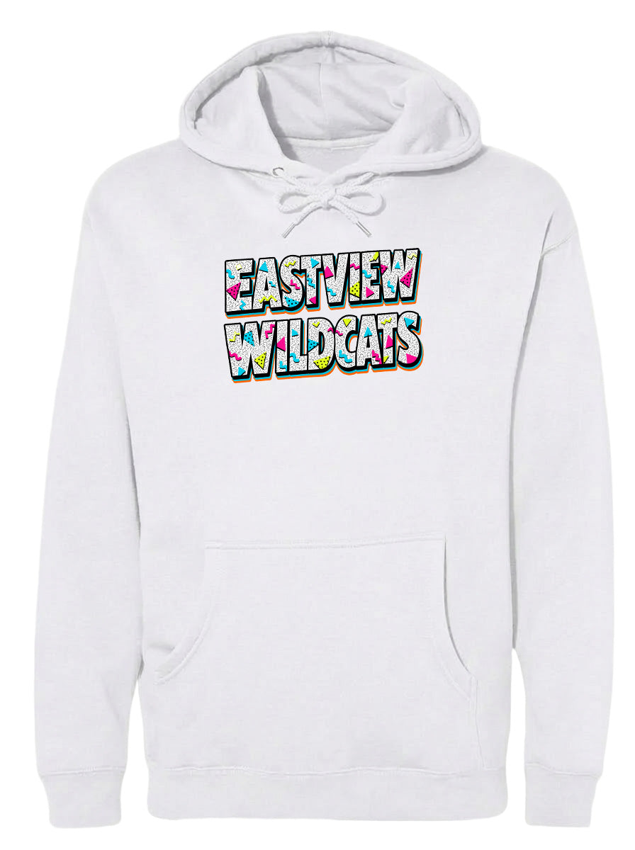 A white hoodie with the text "EASTVIEW WILDCATS" printed on it.