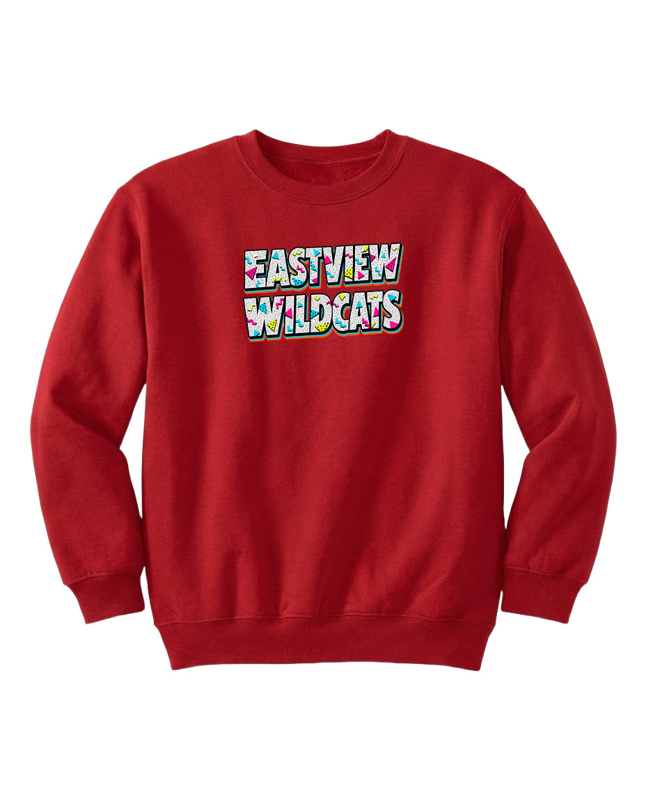 A red sweatshirt with the text "EASTVIEW WILDCATS" printed on it.
