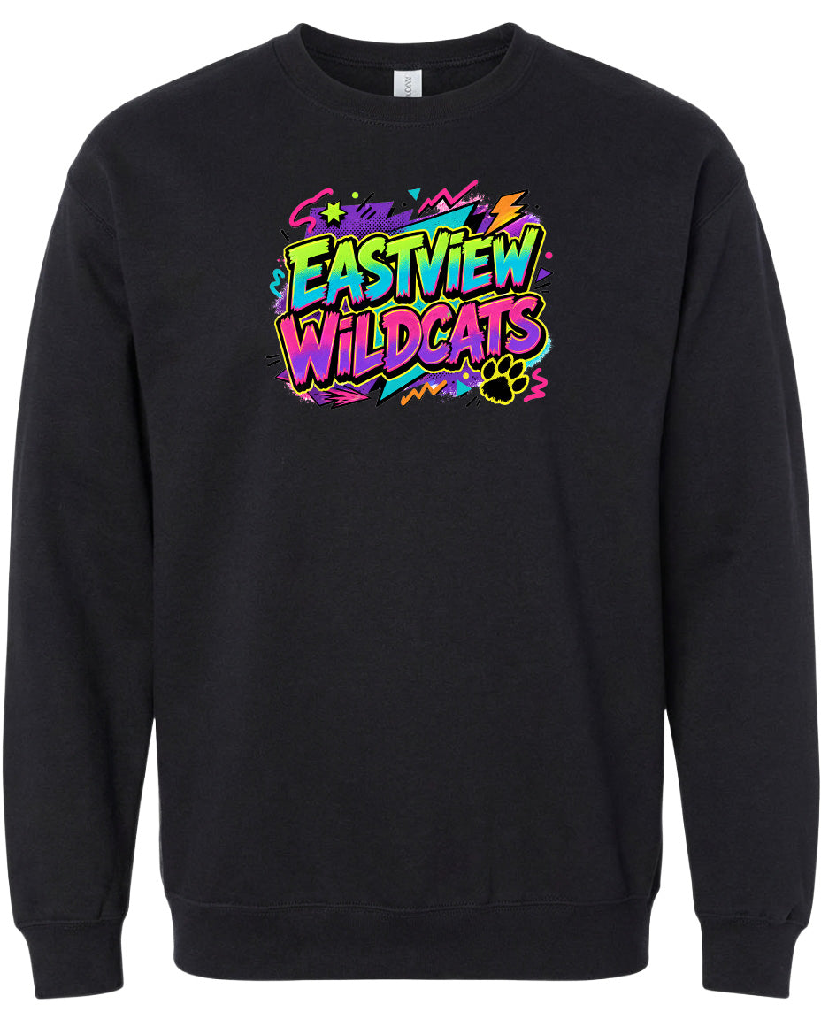 A black sweatshirt with a colorful graphic design featuring the text "EASTVIEW WILDCATS" in a vibrant, graffiti-style font.
