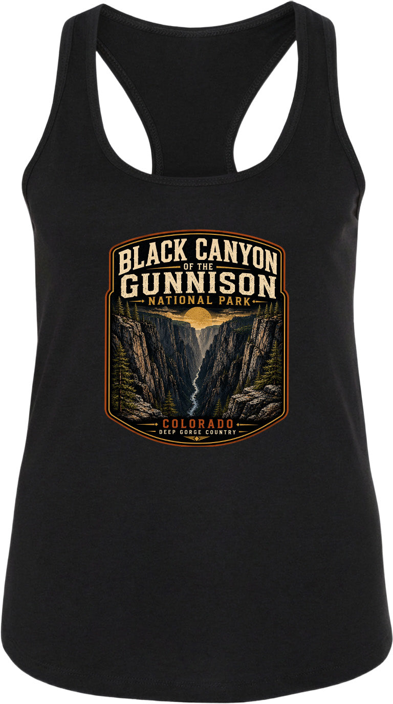A black tank top with a graphic design depicting the Black Canyon of the Gunnison National Park in Colorado.