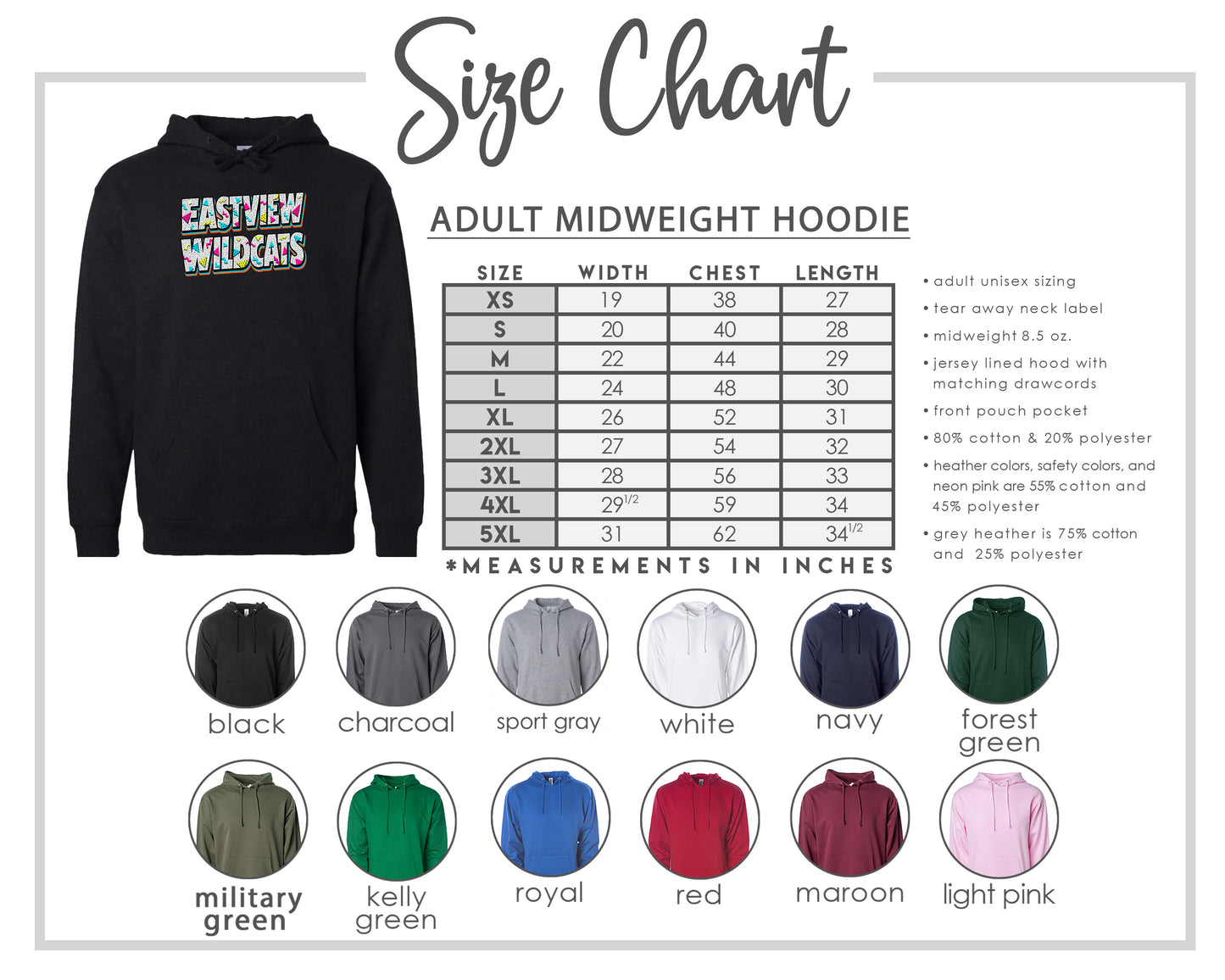 The image is a size chart for an adult midweight hoodie, including various color options and corresponding measurements in inches.