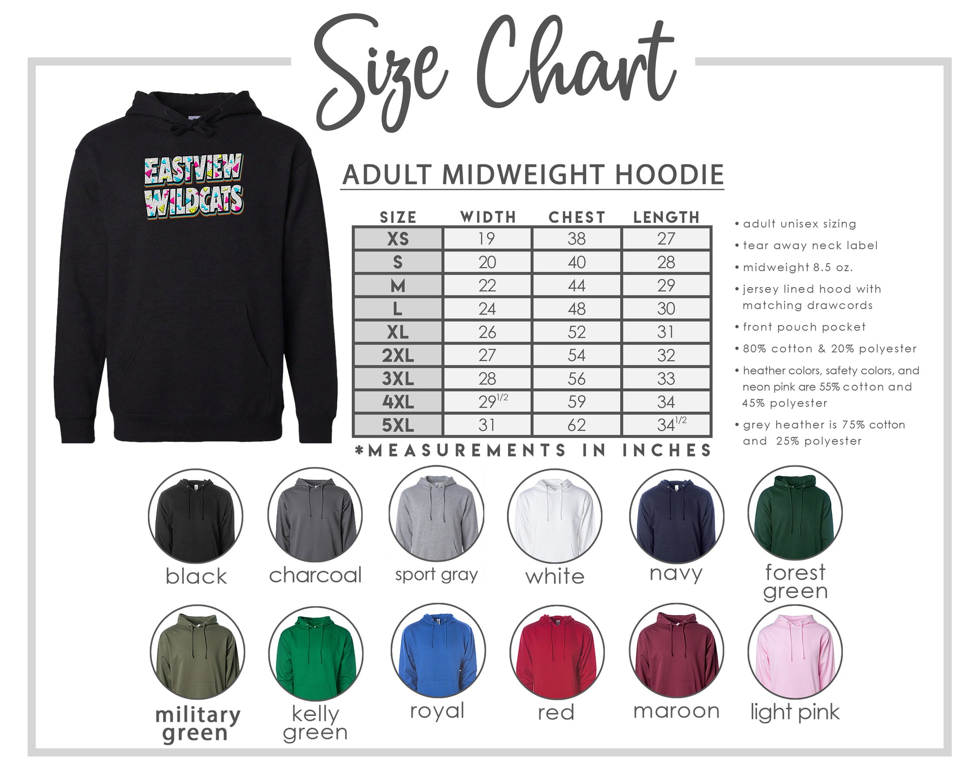 The image is a size chart for an adult midweight hoodie, including various color options and corresponding measurements in inches.