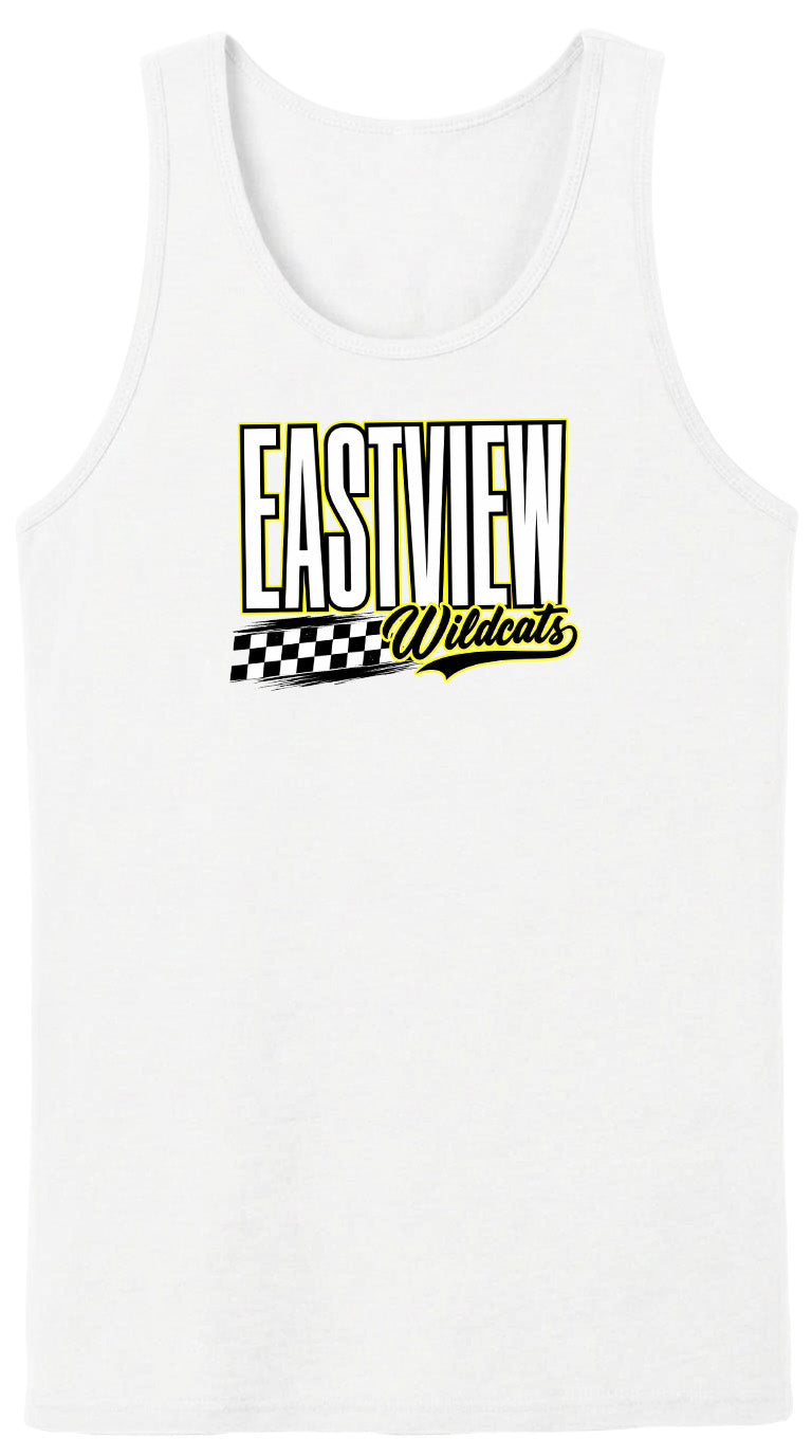 A white tank top with a graphic design featuring the text "EASTVIEW Wildcats" in yellow and black.