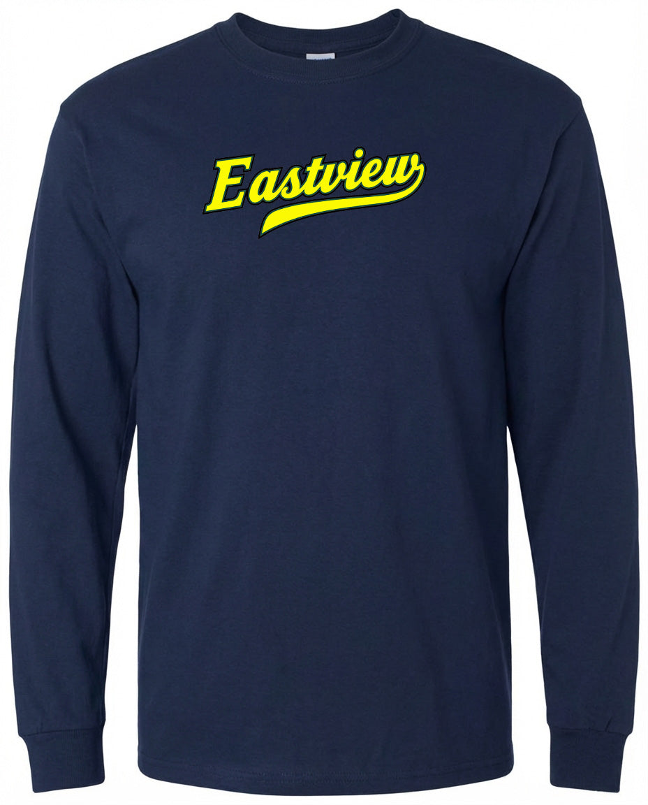 A navy blue long-sleeved shirt with the word "Eastview" printed in yellow on the front.