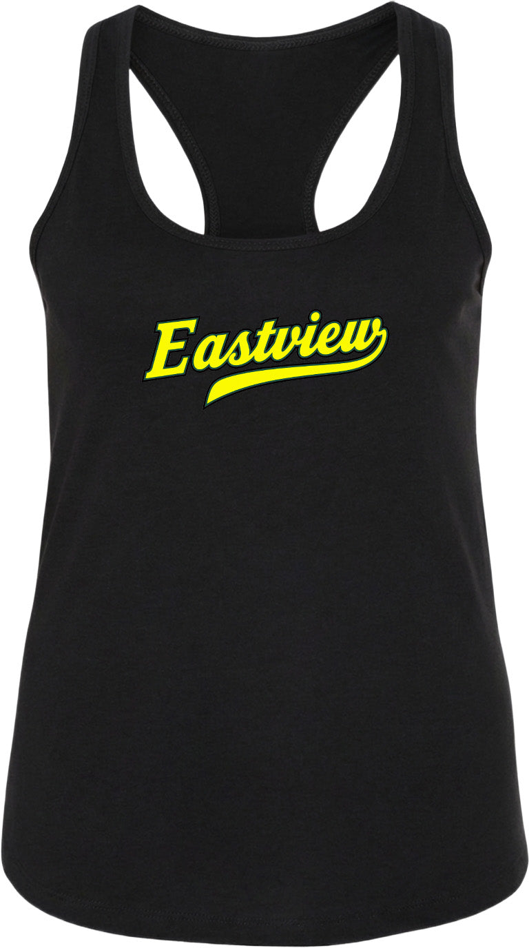 A black tank top with the word "Eastview" printed in yellow on it.