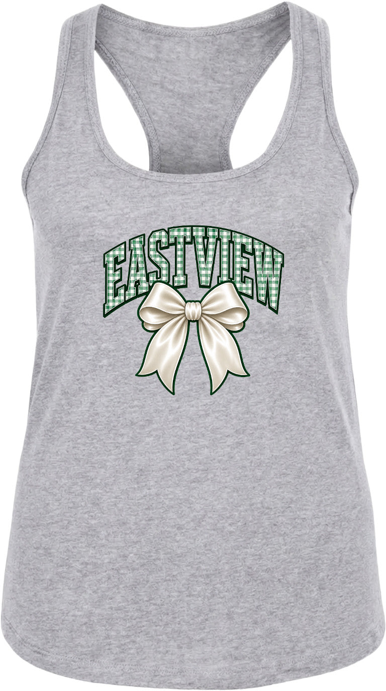 A gray tank top with a graphic design featuring a large bow and the text "EASTVIEW" printed on it.