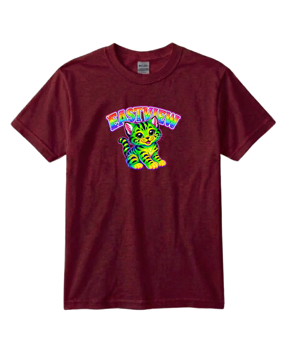 A burgundy-colored t-shirt with a colorful graphic of a cat and the text "EASTVIEW" printed on it.