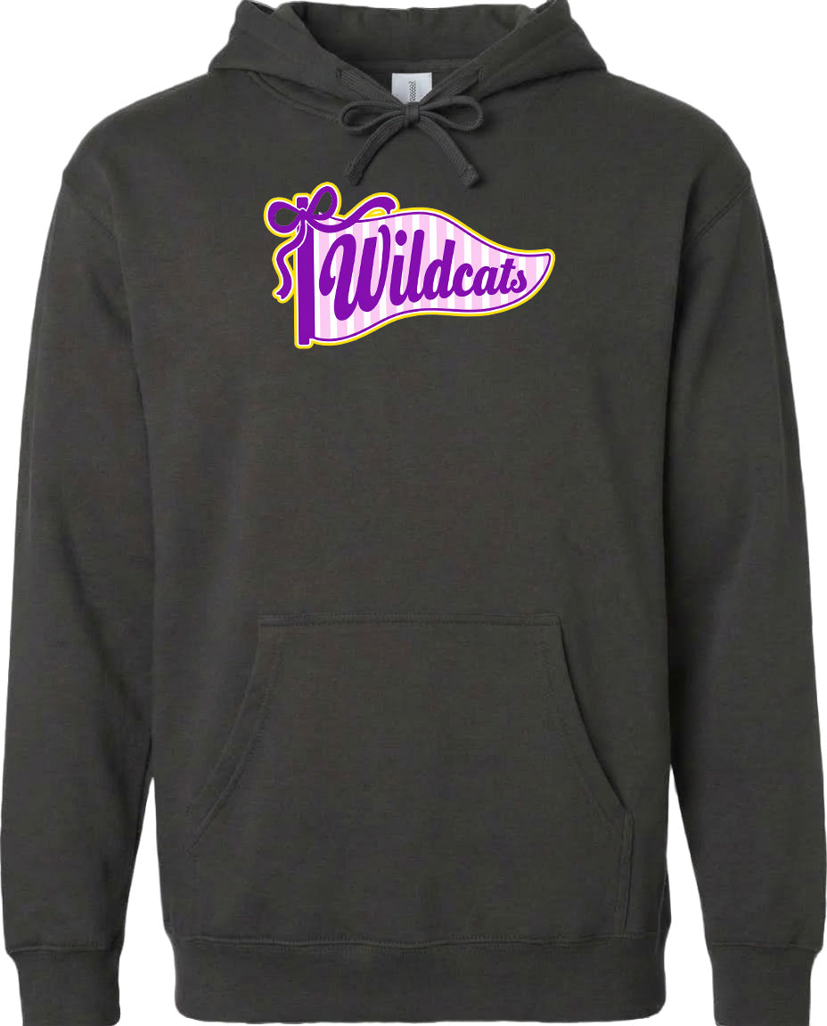 A black hoodie with a purple and white banner that says "Wildcats" on it.