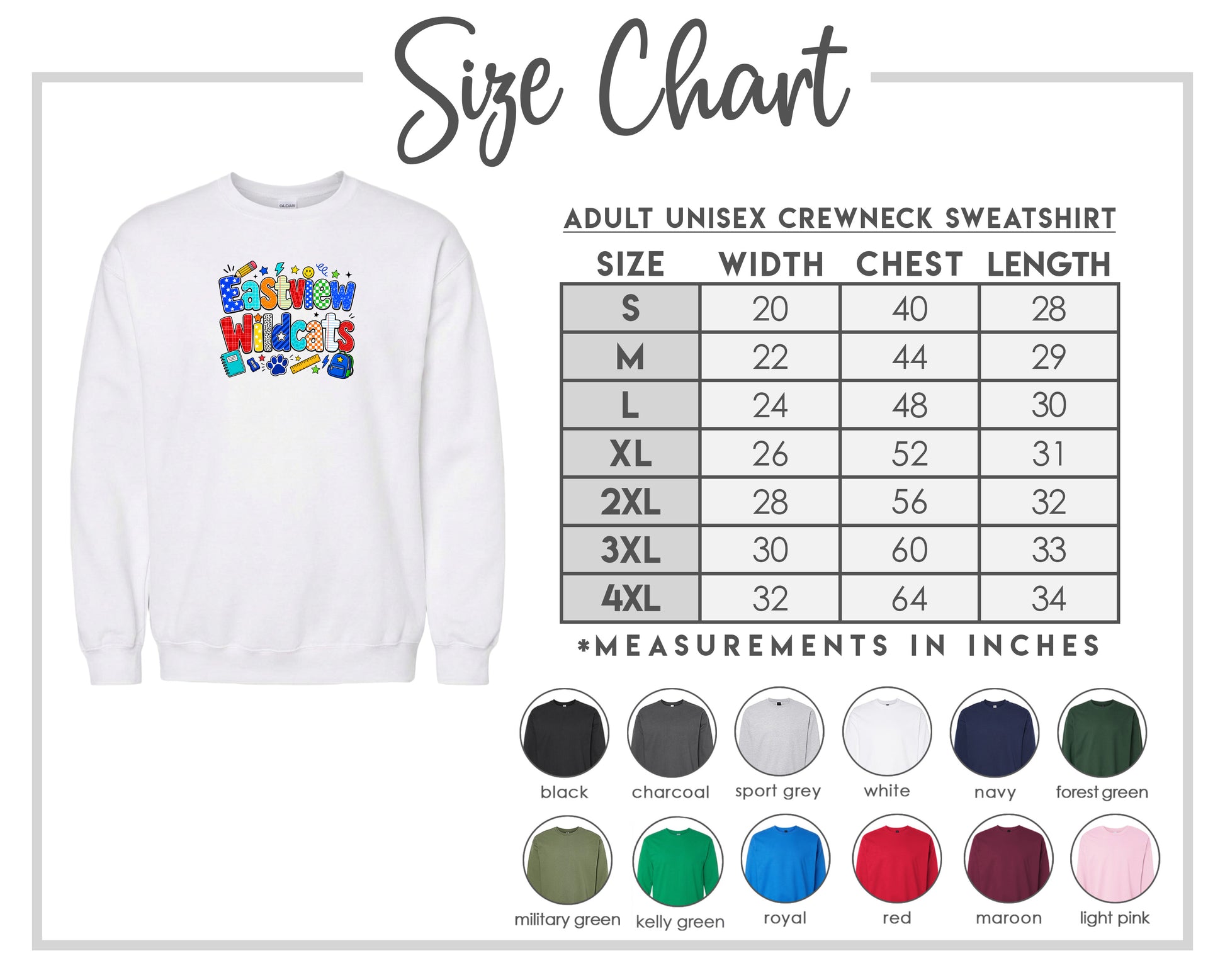 The image is a size chart for an adult unisex crewneck sweatshirt, showing the measurements for different sizes.