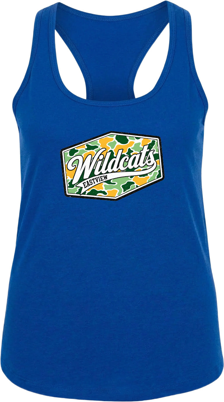 A blue tank top with a camouflage-patterned logo on the front.