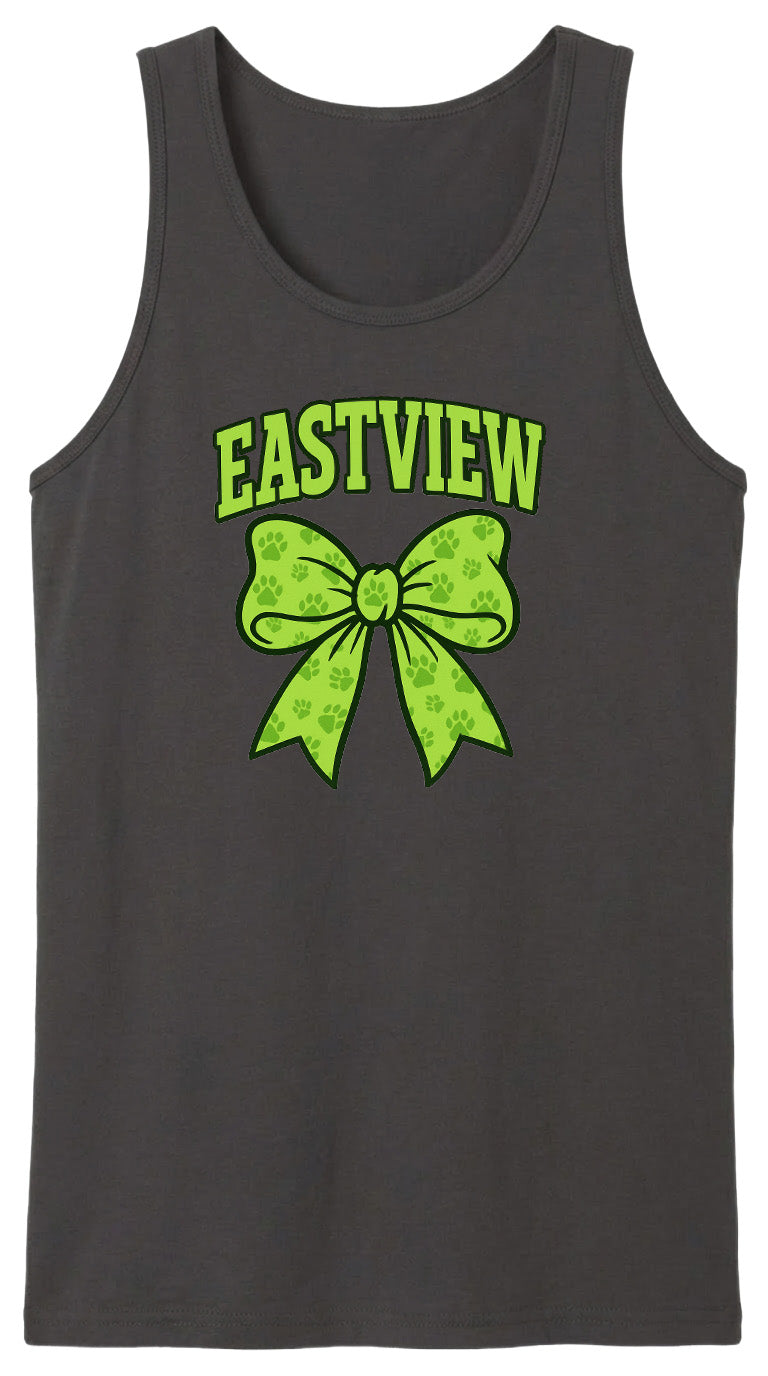 A gray tank top with a green bow and paw prints printed on it.