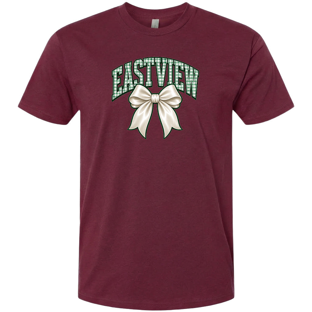 A burgundy-colored t-shirt with a graphic design featuring a white bow and the word "EASTVIEW" printed on it.