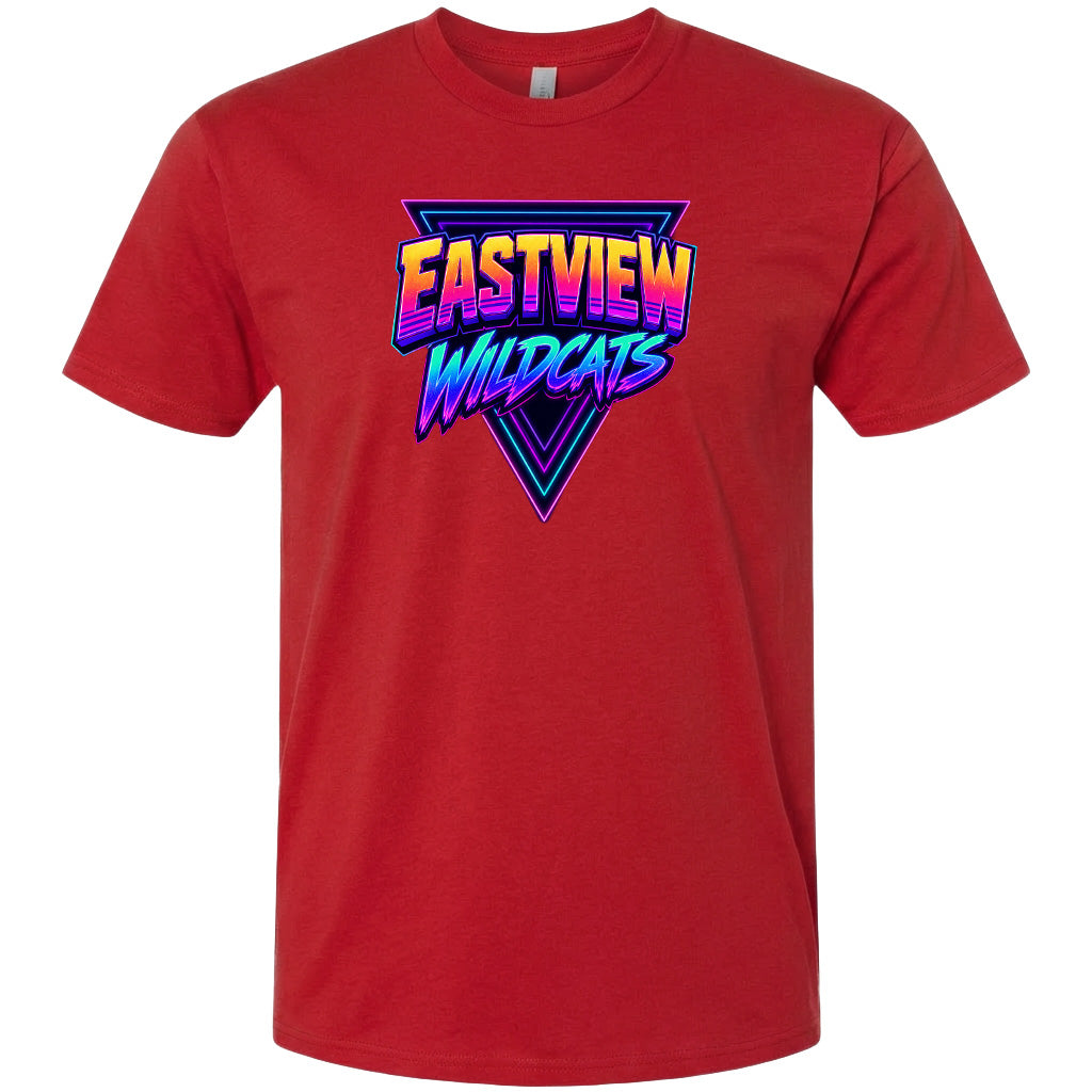 A red t-shirt with a graphic design featuring the text "EASTVIEW WILDCATS" in a stylized font.