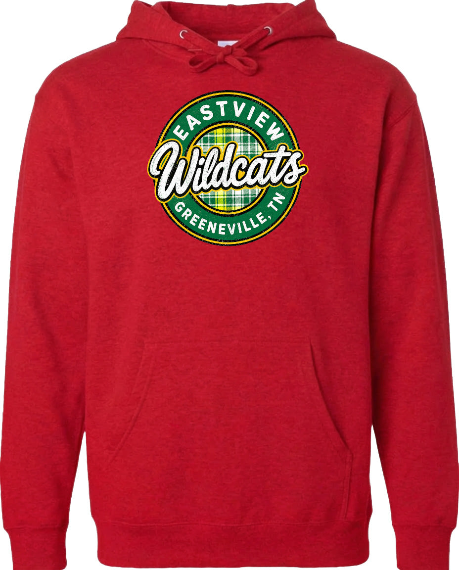 A red hoodie with a logo that says "Eastview Wildcats Greeneville, TN".