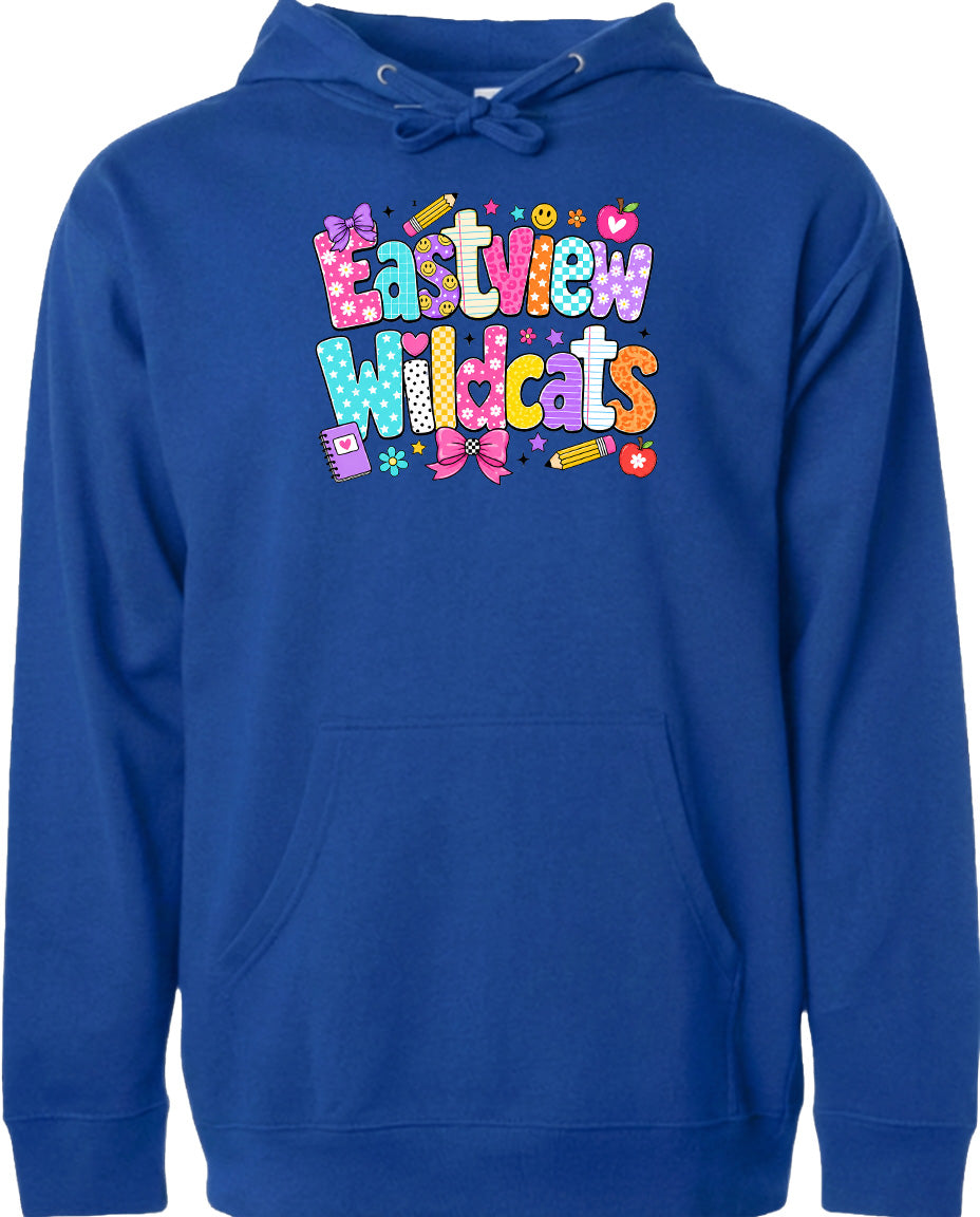 A blue hoodie with a colorful graphic design featuring the text "Eastview Wildcats" and various school-related icons such as pencils, apples, and hearts.